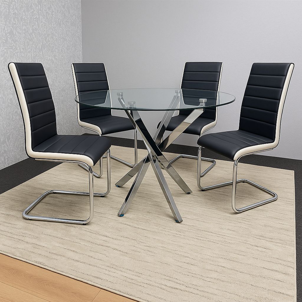 KOSY KOALA Round Glass Dining Table Set With 4 White And Black Chairs