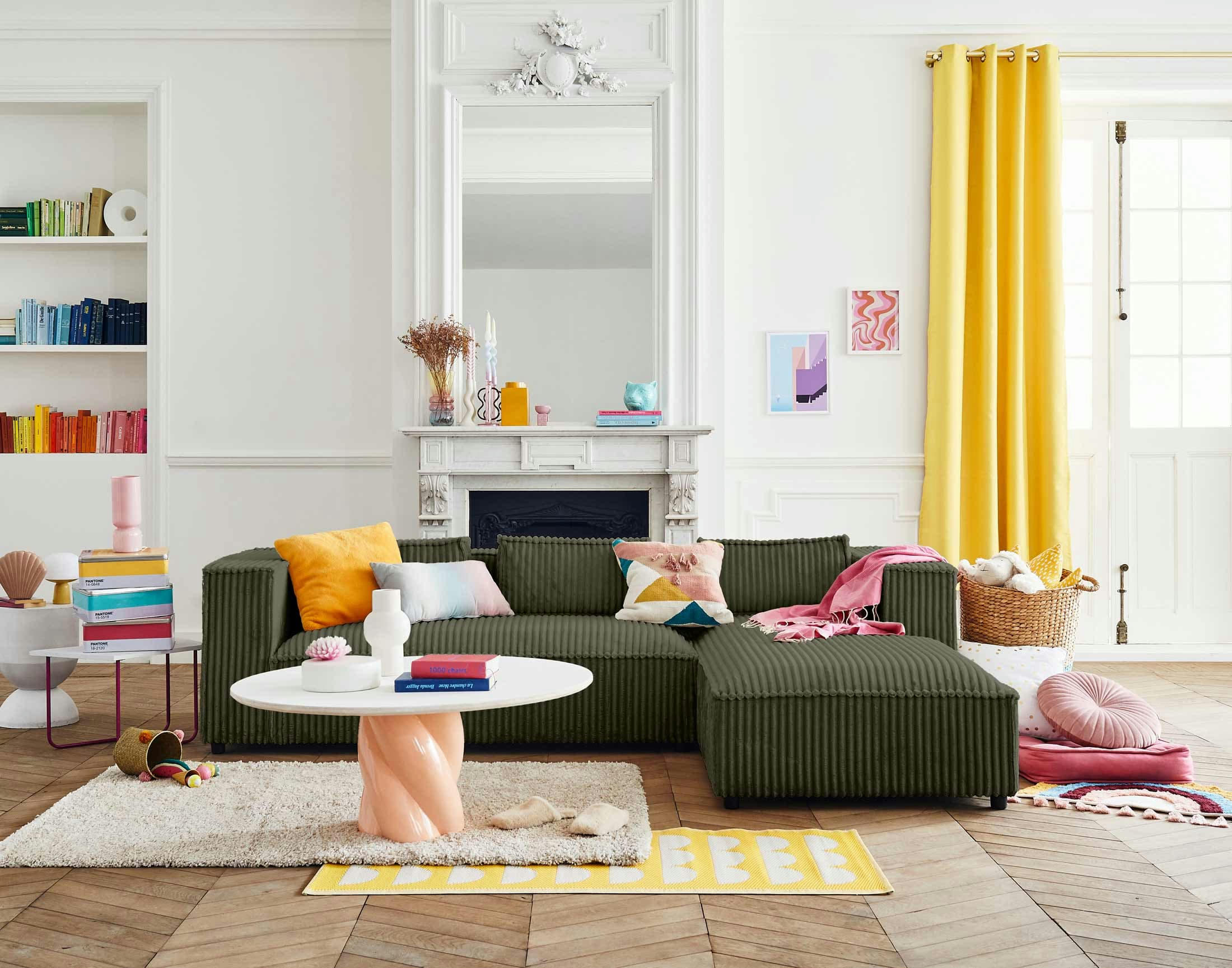 STELLA - Canapé d'angle droit 4 places en velours grosses côtes vert