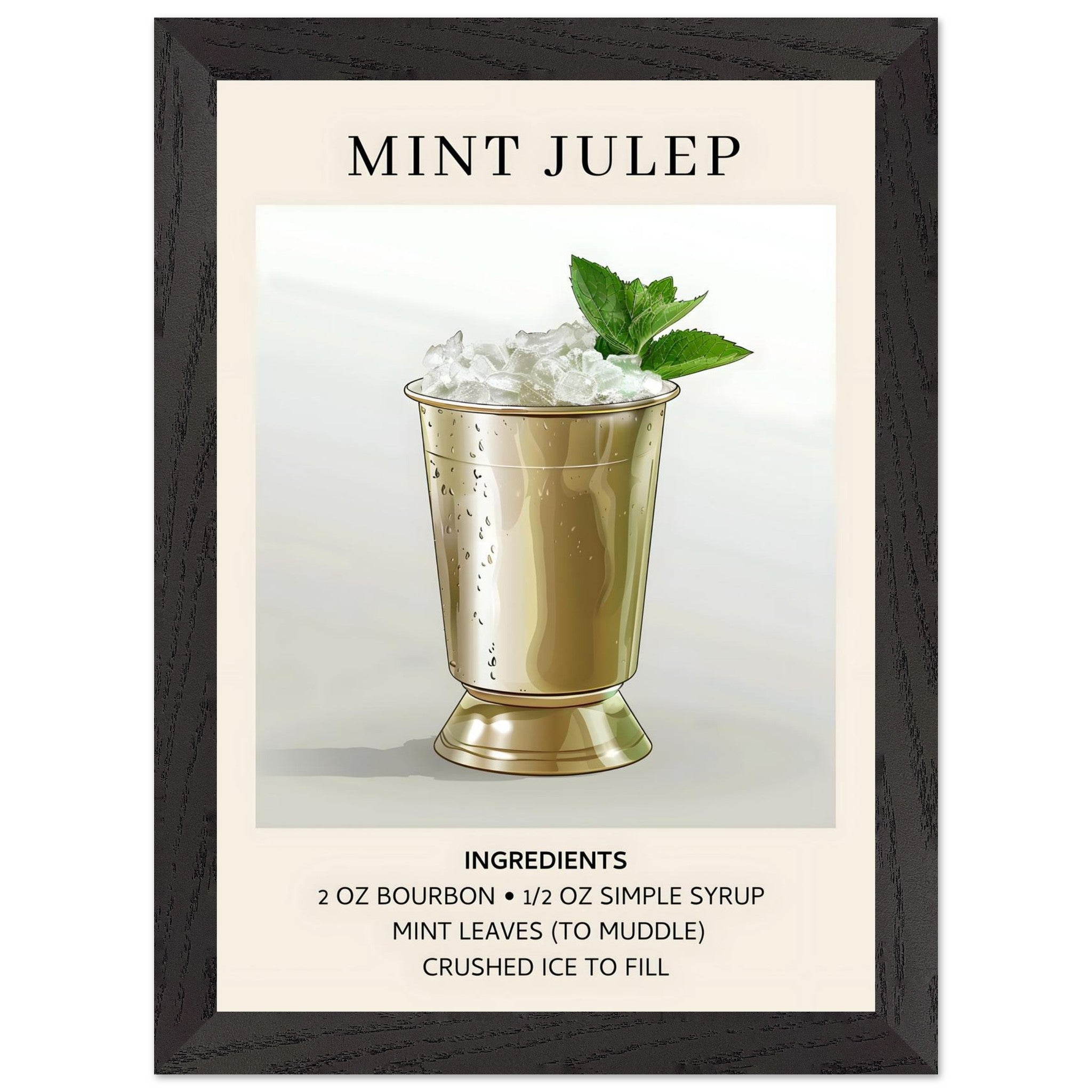 Artfulprints Poster met Lijst Mint Julep cocktail - Ingredients  - A4 21x29.7 cm - Grijs