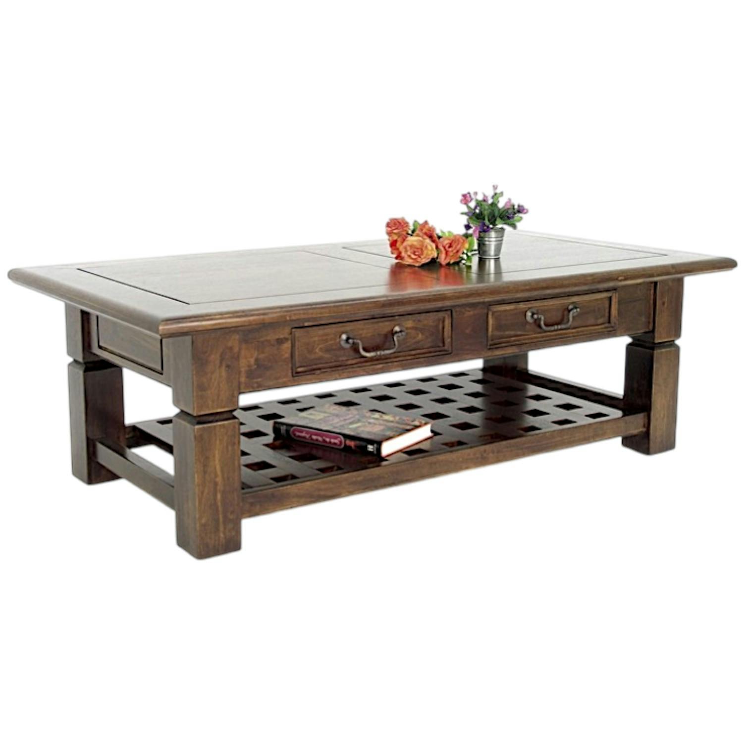 Table basse Hévéa 2 tiroirs, double plateaux dont plateau bas quadrillé 125x65x40cm MAORI