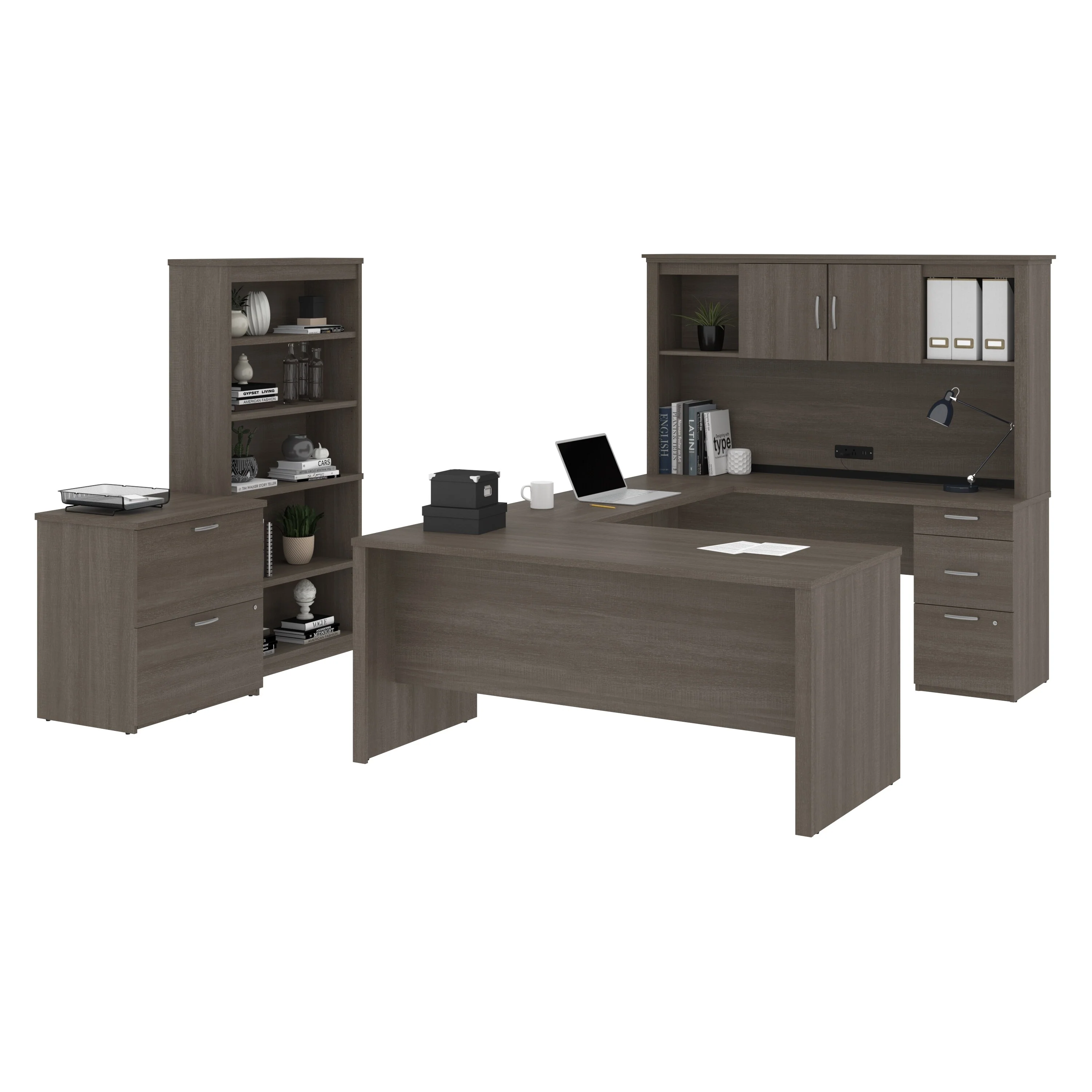 Bestar Logan 66W U-Shaped Desk with Hutch, Cabinet, and Bookcase