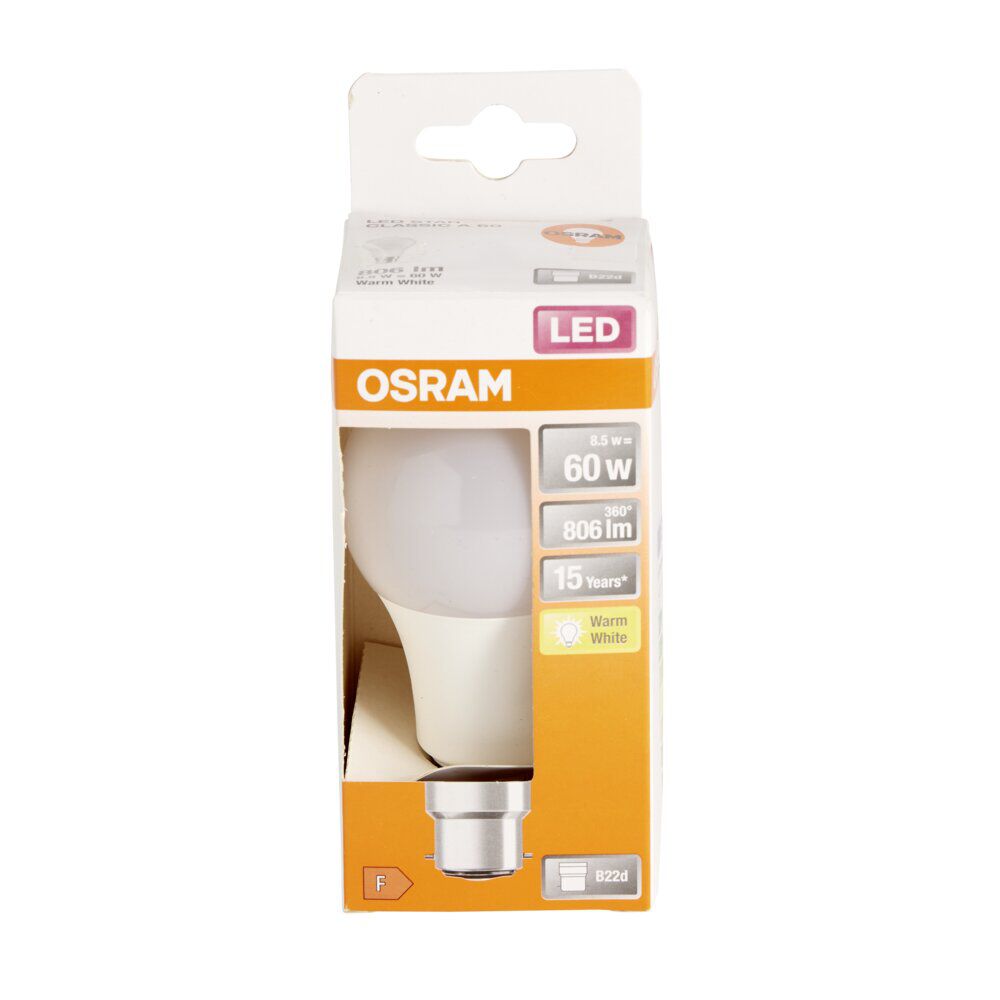 Ampoule LED B22 A60 blanc chaud Osram 8,5W=60W 806lms classe F