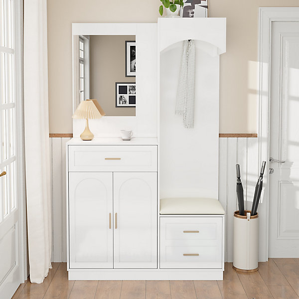 Meuble d'entrée 110x33x185,5 cm avec étagères et miroir intégré, blanc MDF, rangement chaussures