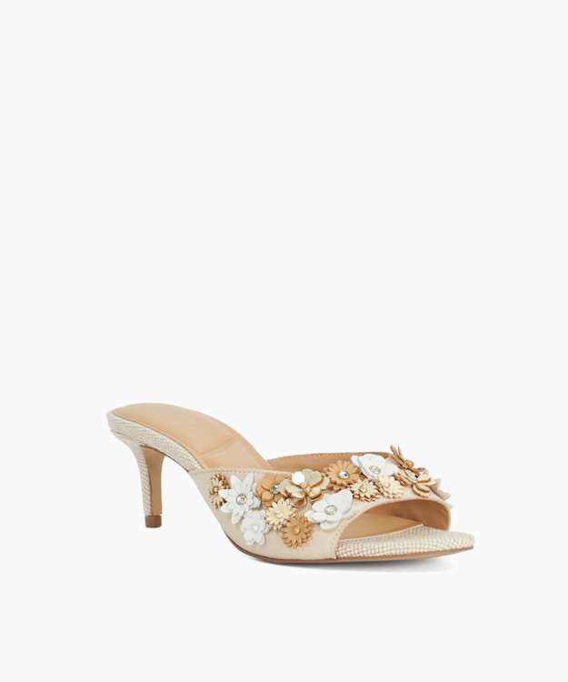 Maizy Ecru - Leather Floral Embellished Heel Mules