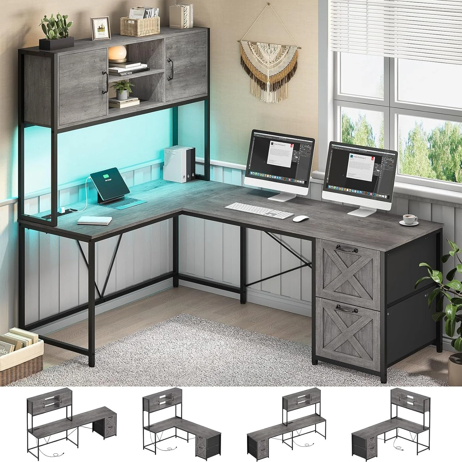 L Shaped Computer Desk with Drawers Corner Gaming Desk storage shelves