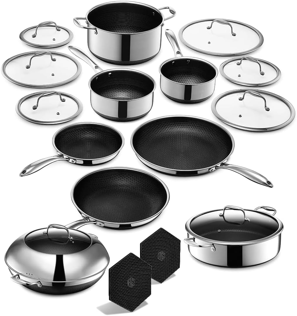 HexClad Hybrid Nonstick 18-Piece Cookware Set, 2, 3, and 8Qt Pots with Lids, 2 Silicone Trivets, 8, 10, and 12 Pans with Lids, 7Qt Chicken Fryer with Lid, and 14 Wok with Lid, Stay-Cool Handles