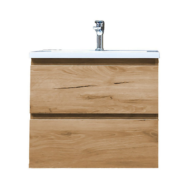B-Way 59x50x45 cm meuble de salle de bain suspendu 2 tiroirs avec lavabo en marbre coulé, chêne mat (BWAY260OAKU)