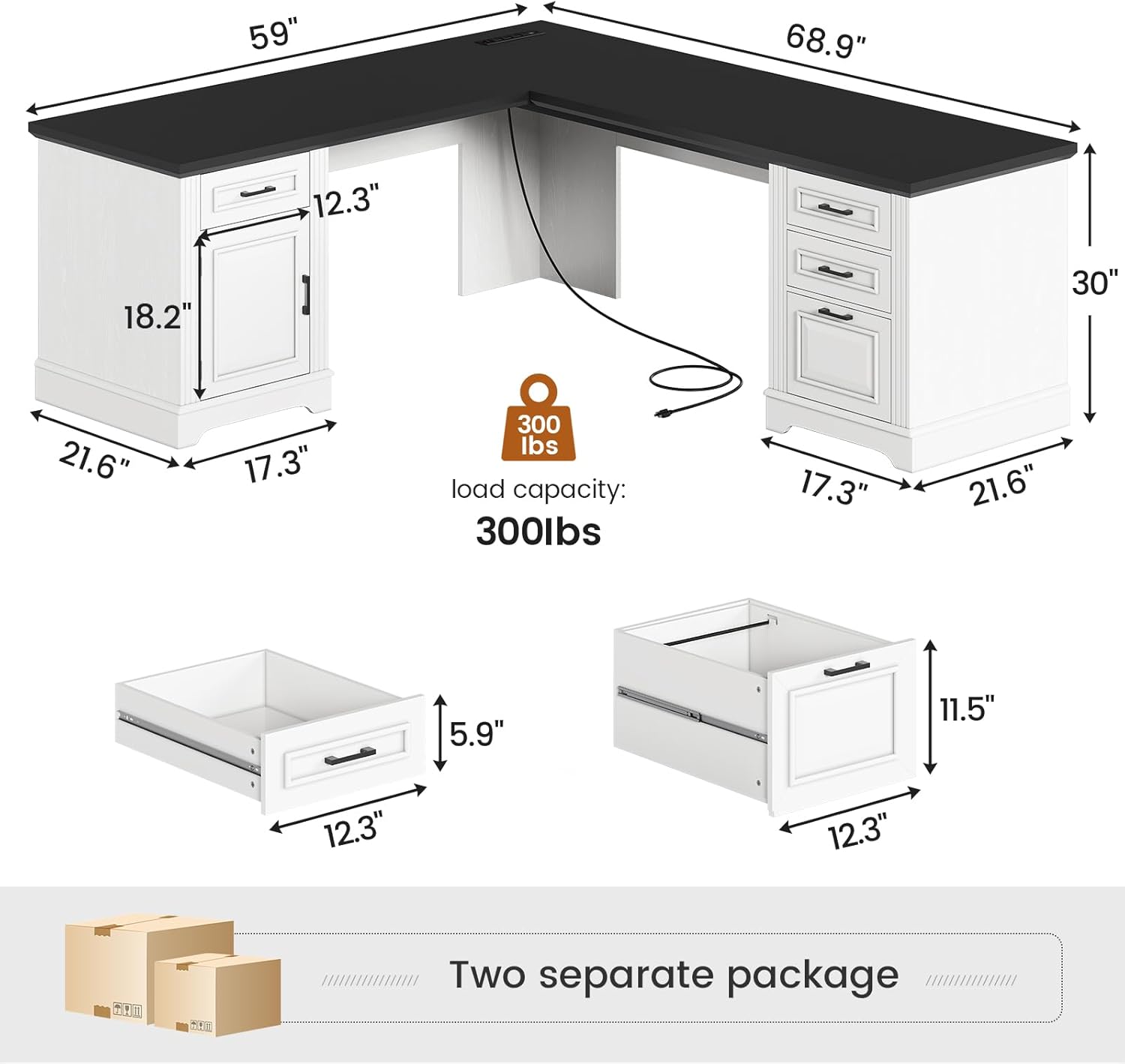 SEDETA Farmhouse 69 Executive L Shaped Desk, Home Office Desk with Drawers and Storage Cabinet & Power Outlet, Corner Computer Desk, White