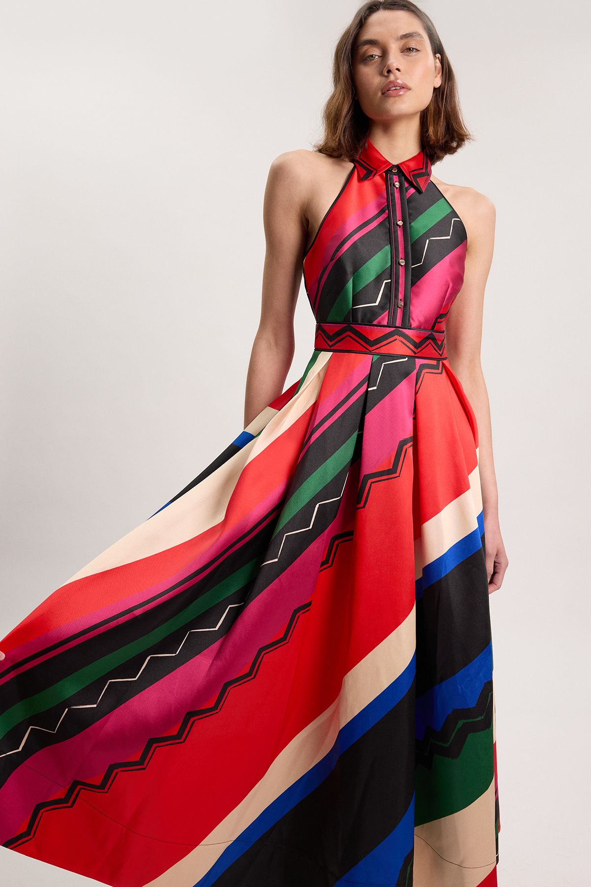 KarenMillen Petite Abstract Print Twill Contrast Collared Woven Maxi Dress