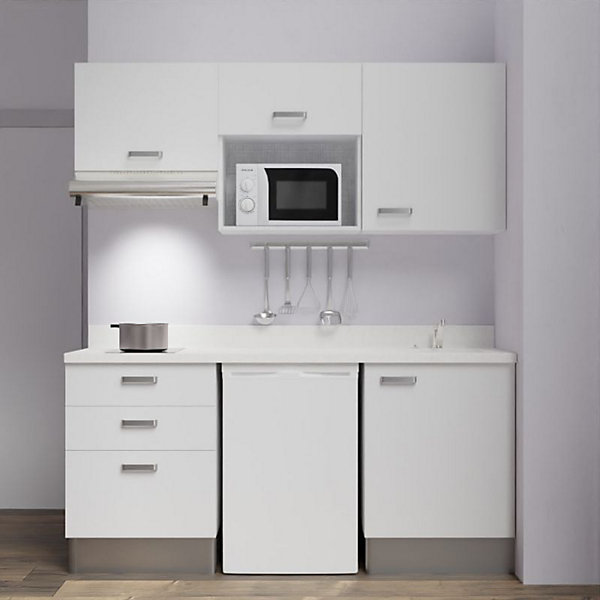 Kitchenette K20 - 180 cm - façades Blanc - Plan monobloc en quartz coloris Snova évier à droite