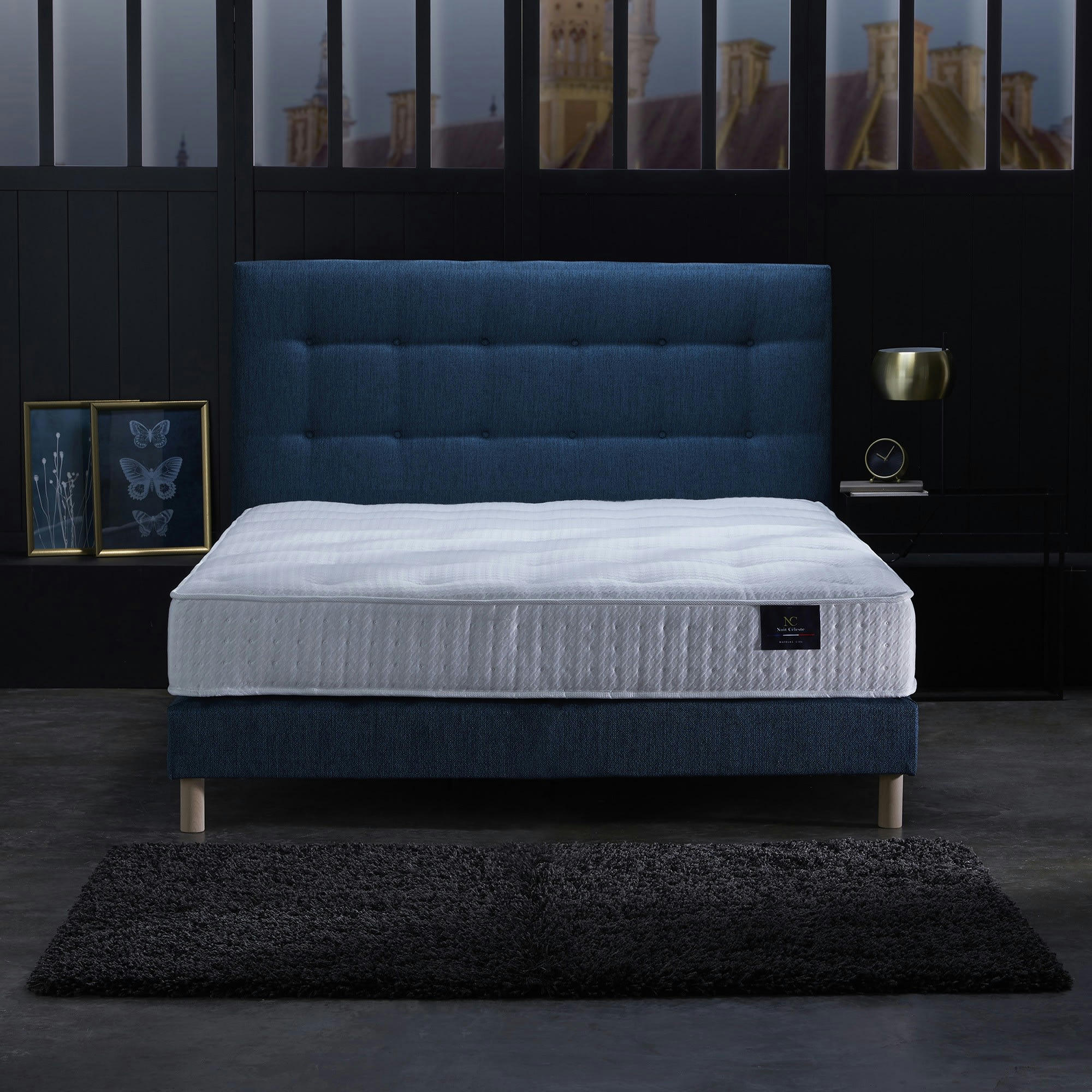 COMETE - Ensemble Matelas ressorts ensachés + sommier Bleu marine 140x190