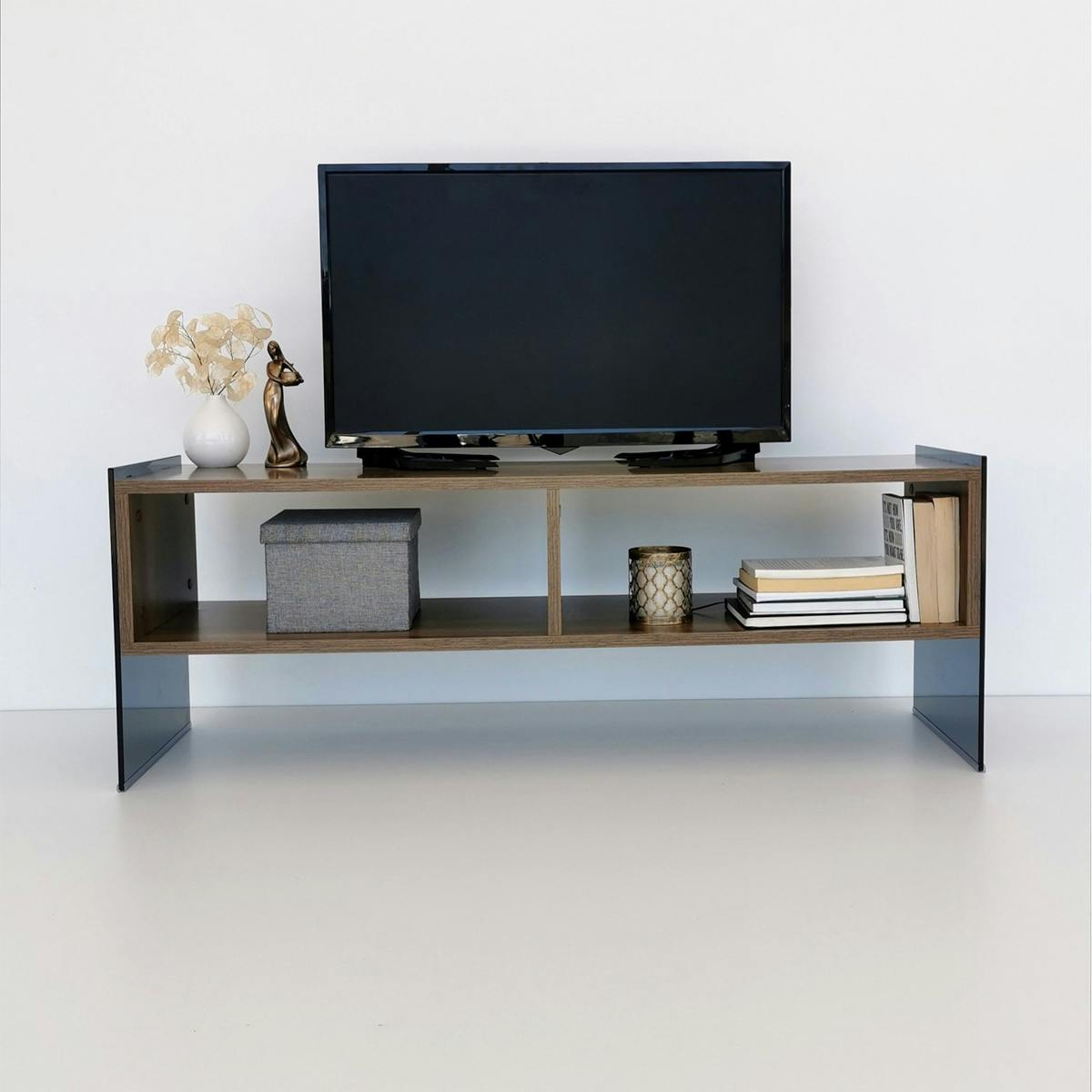 Meuble TV design montants verre fumé et décor noyer SALTA