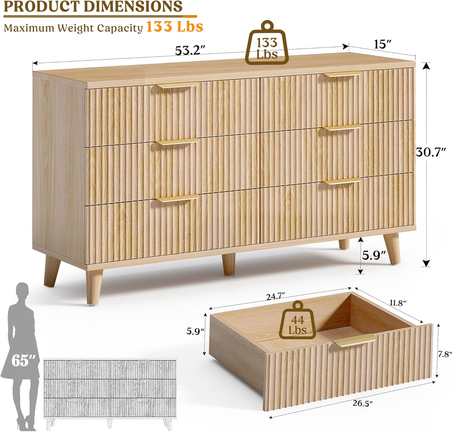 Lulive Dresser for Bedroom Wood Dressers Chest of Drawers, Fluted 53.2 Wide Modern Long Dresser TV Stand 6 Drawers for Bedroom, Closet, Living Room, Hallway (Natural)