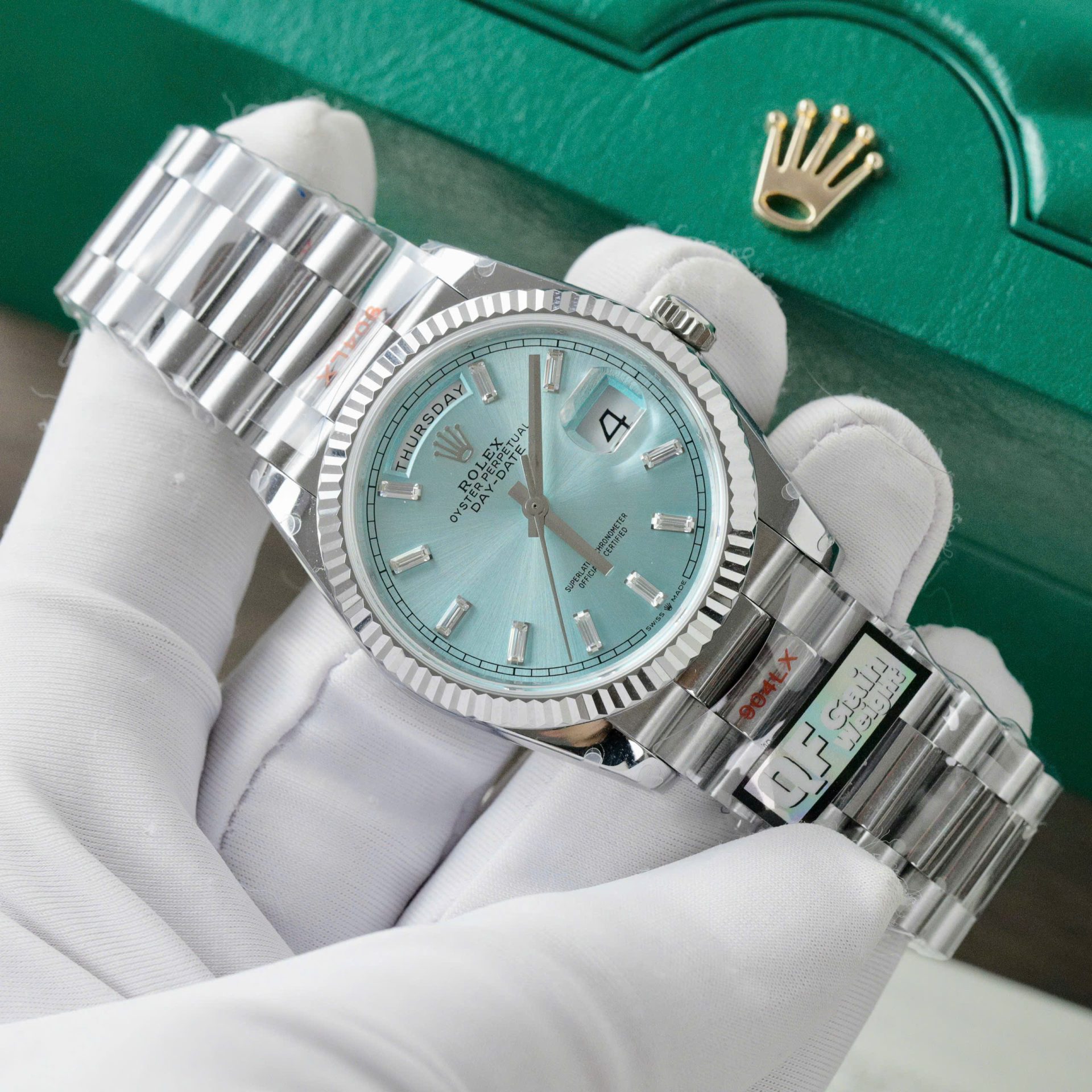 Rolex Day-Date 128236 904L Steel Ice Blue Dial CZ Diamonds 36mm Super Clone