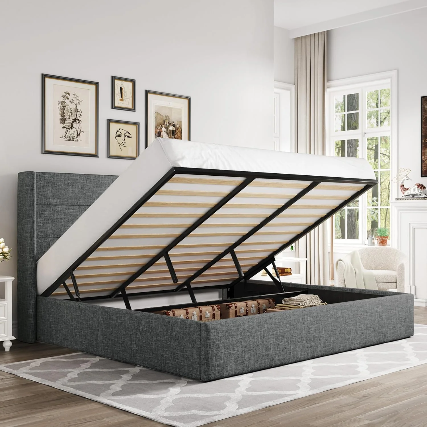 Allewie Queen Size Lift Up Storage Bed, Modern Wingback Headboard, Hydraulic Support, No Box Spring Needed, Light Beige(King/Modern/Light Grey)