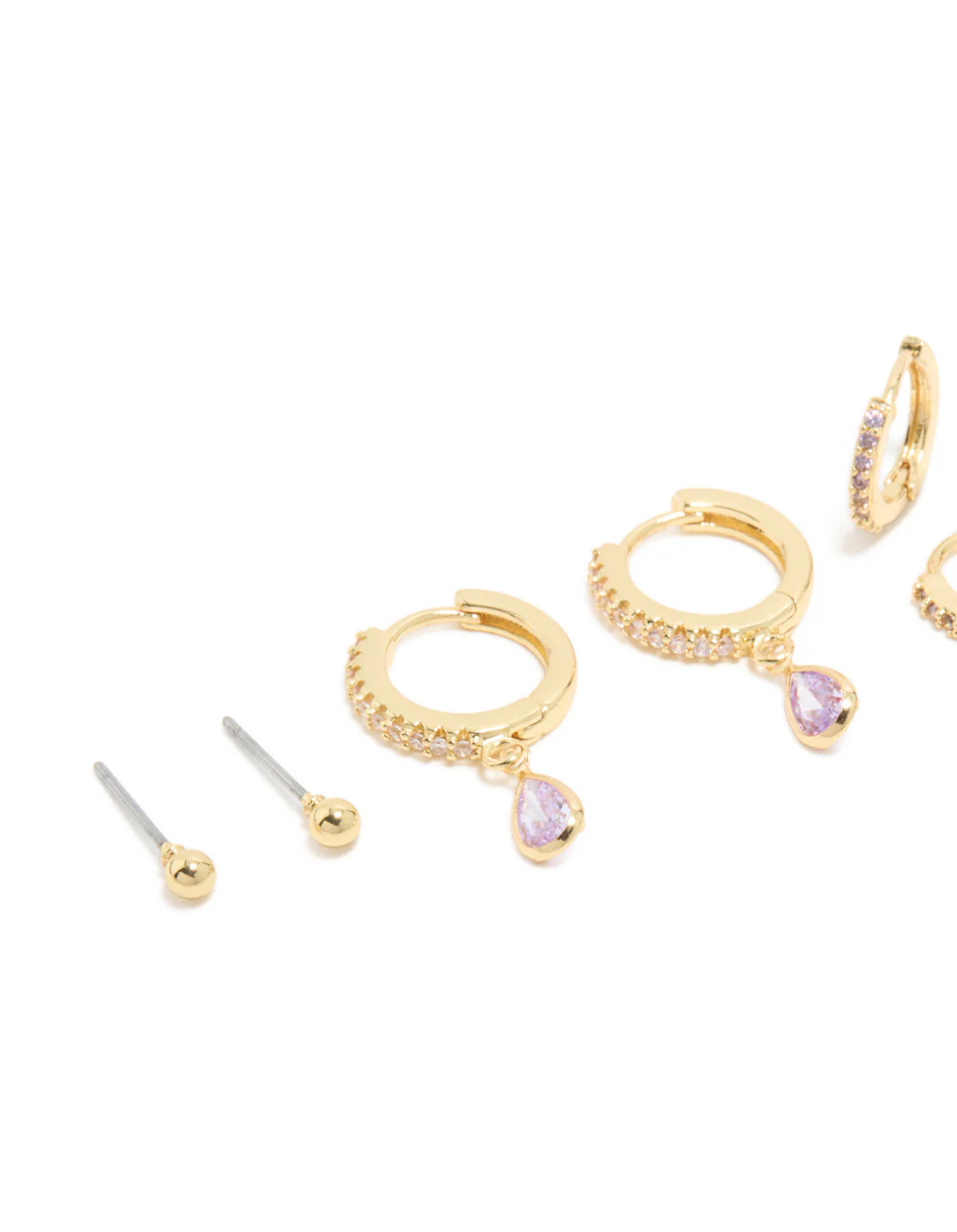Gold Plated Brass Light Amethyst Cubic Zirconia June Birthstone Earrings 4-Pack