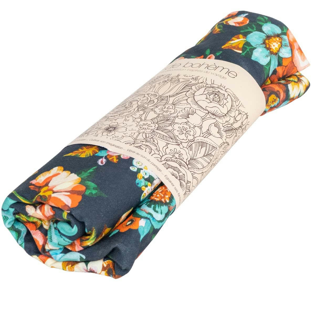 SAKURI - Nappe grand format en coton imprimé fleuri nuit 140x235