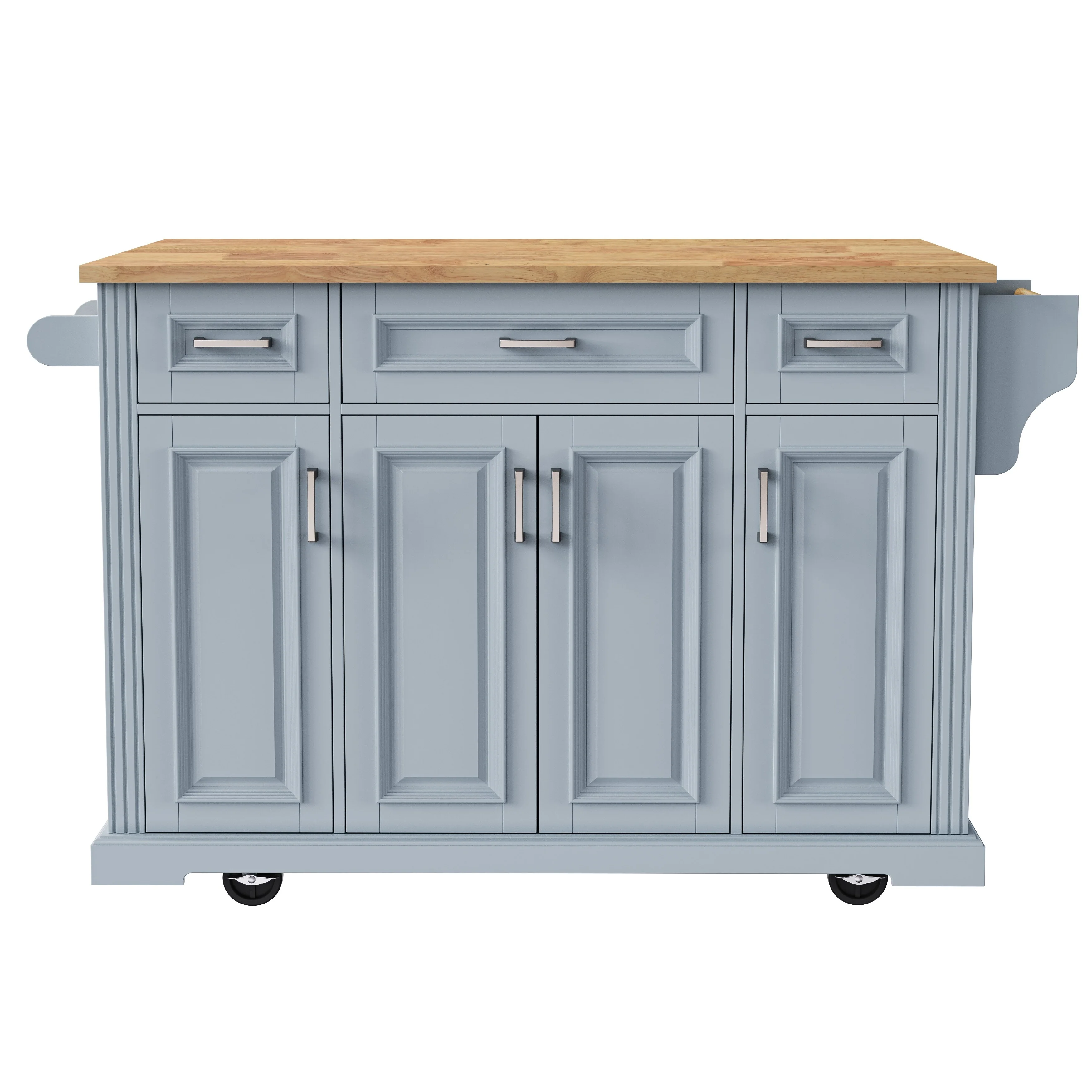 54inch Kitchen Island with Rubber Wood Drop Leaf, Embossed Texture Rolling Kitchen Cart on 4 Wheels with 4 Doors and 3 Drawers