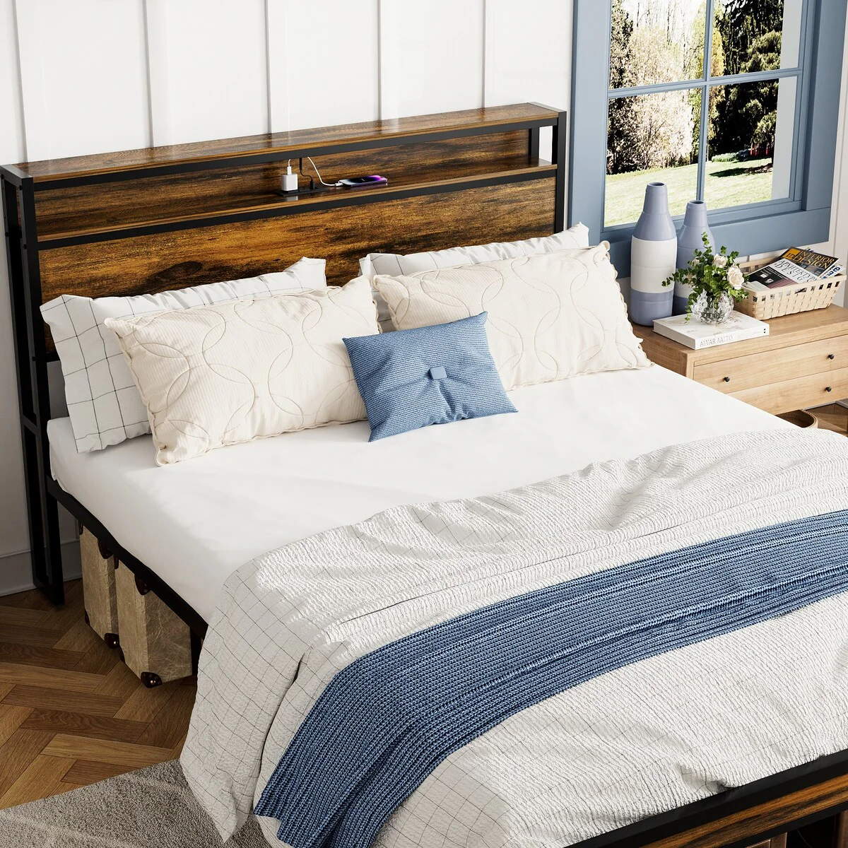 Roomfitters Queen Size Bed Frames, Storage Headboard with LED light