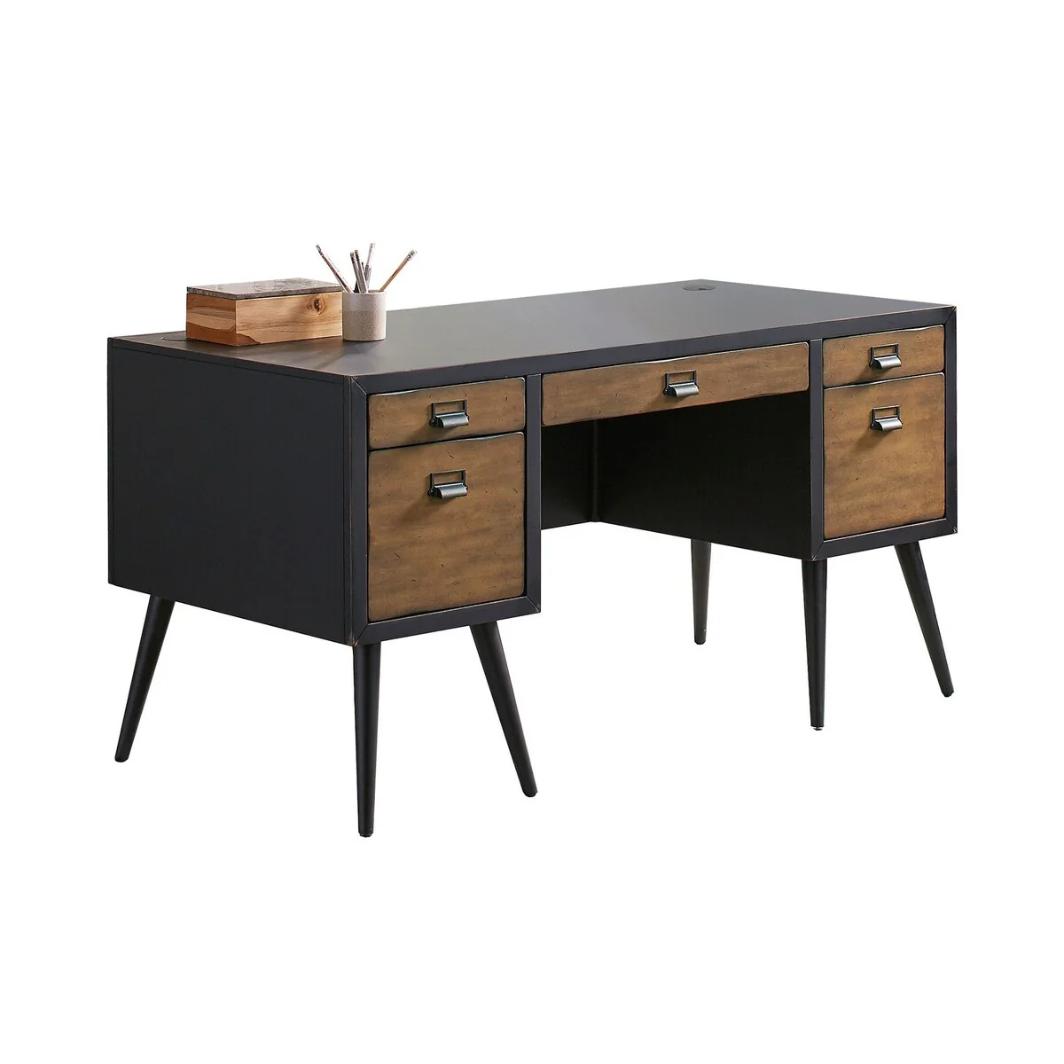 Mid-Century Half Pedestal Executive Desk, Writing Table, Office Desk, Fully Assembled, Black