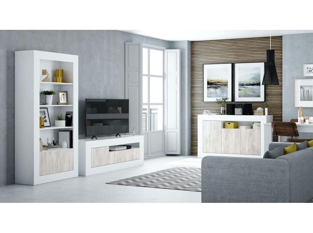 GWEN - Bibliothèque blanc/bois 4 tablettes et 2 portes L94cm x H181cm