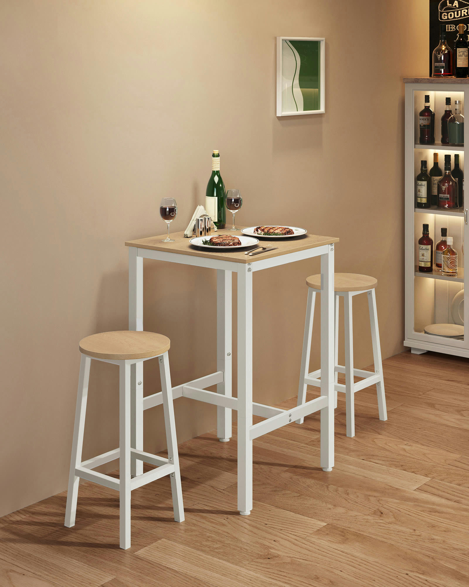 - Table haute carrée style industriel effet bois blanc