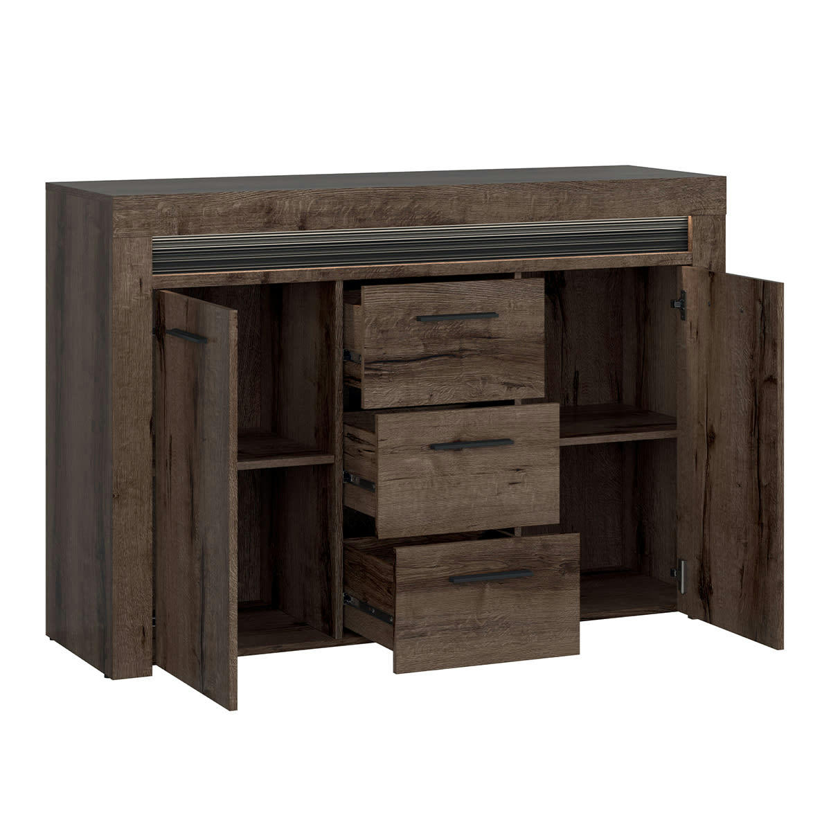 - Buffet 2 portes 3 tiroirs LED inclus panneaux agglomérés naturel foncé