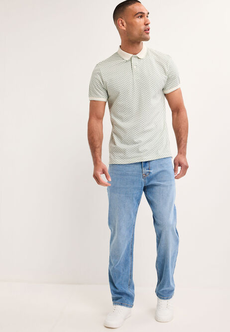 Mens Green Geo Print Cotton Polo Shirt