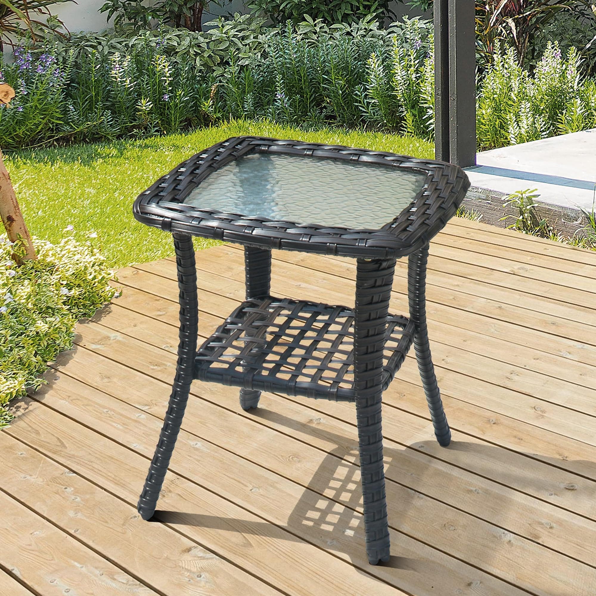 XIZZI Patio Wicker Side Table with Toughened Glass Top