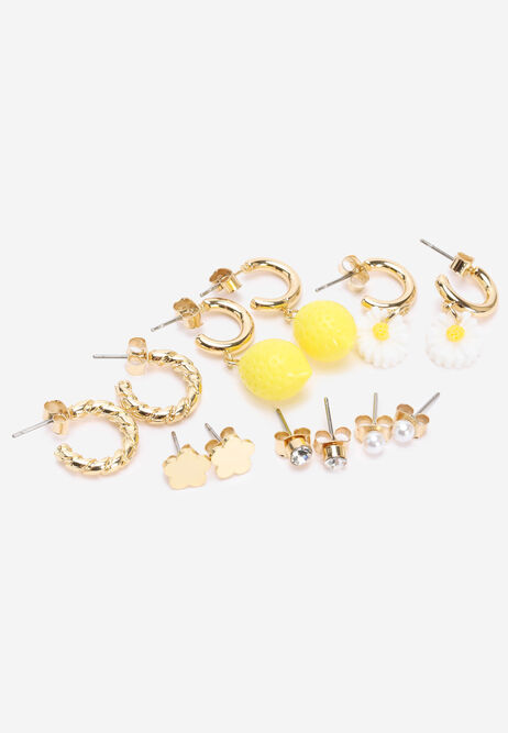 Womens 6pk Gold Fruit Stud & Hoop Earrings Set