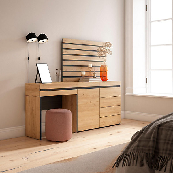 Coiffeuse 177x35x145cm commode buffet panneaux en bois couleur chêne
