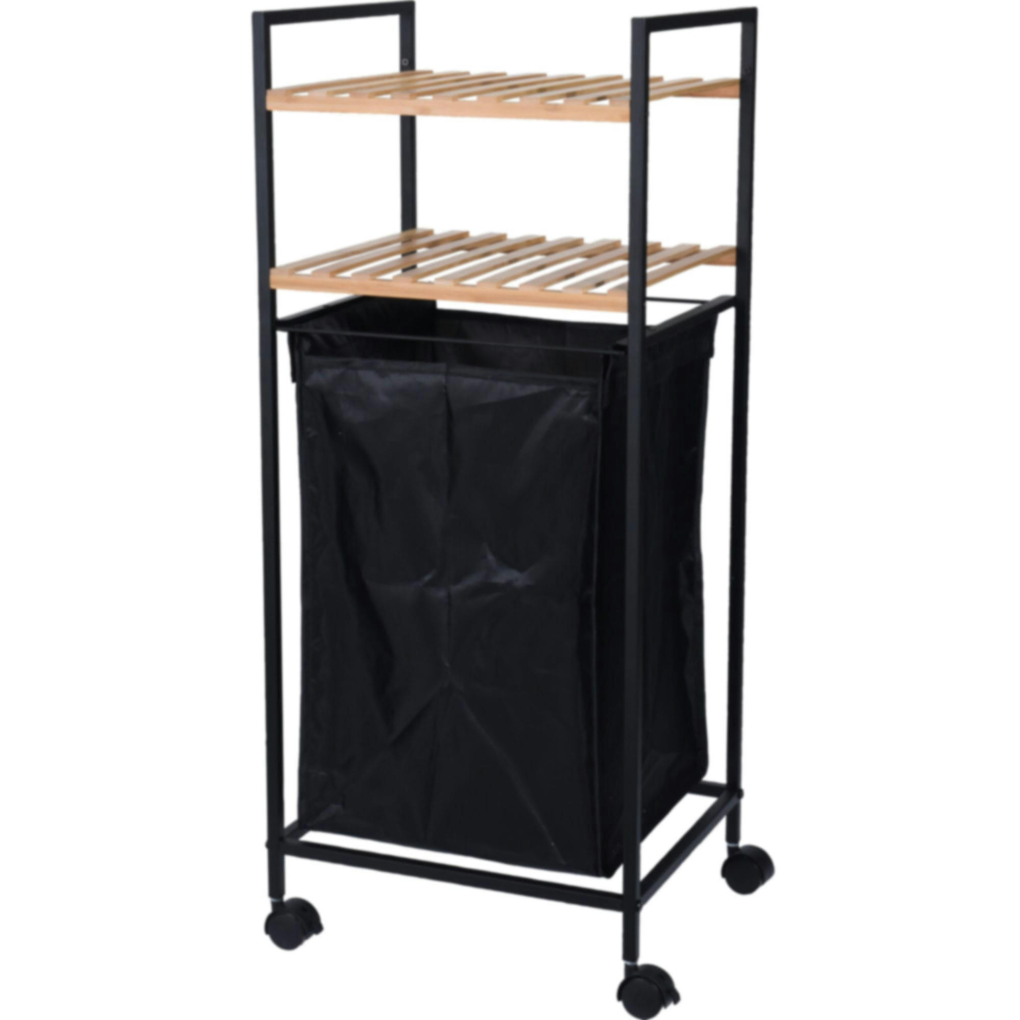 - Panier à linge avec étagère métal noir et bambou - 38x32x89.5cm
