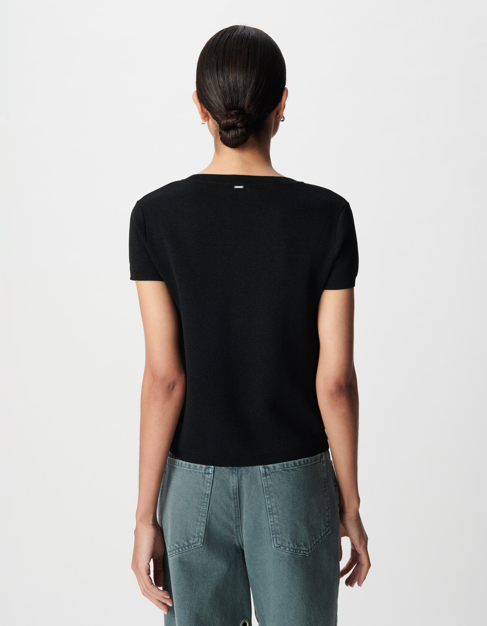 Pull fin noir pailleté encolure boutonnée Femme