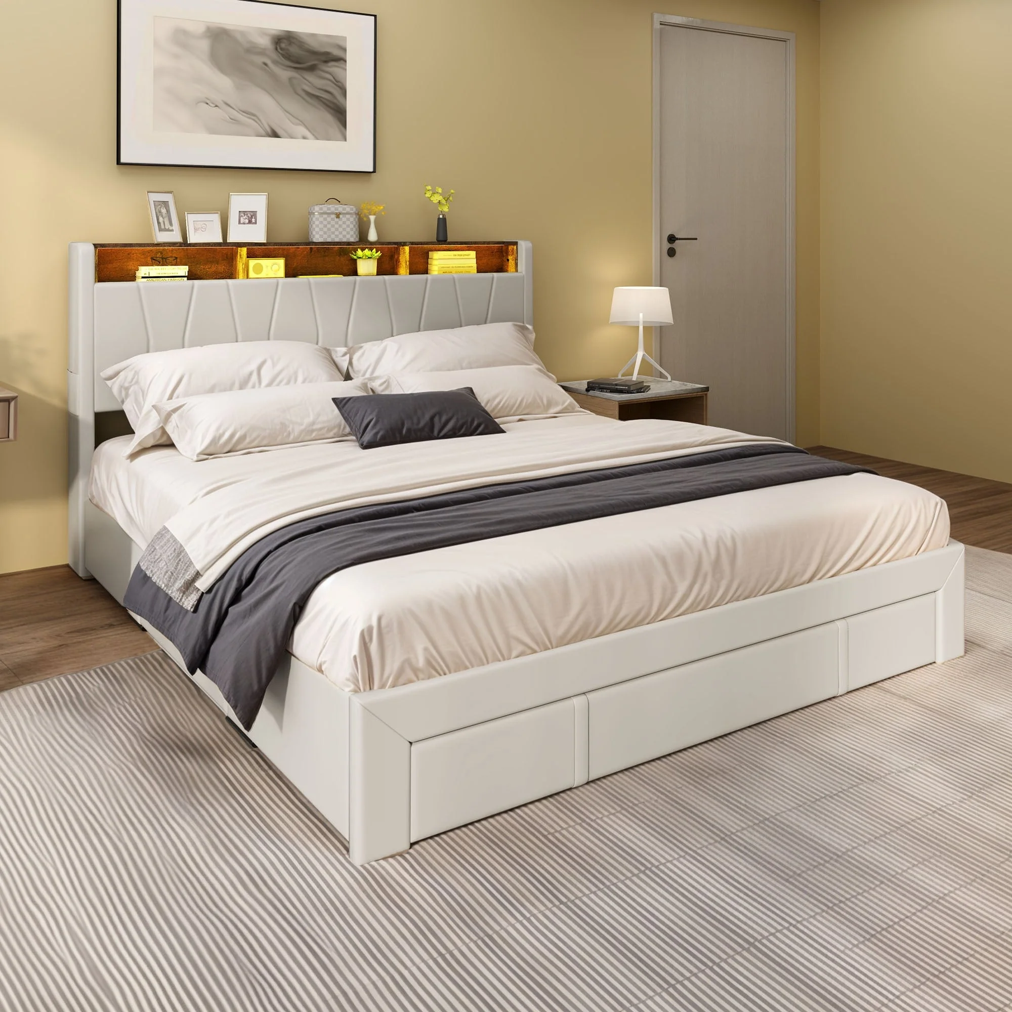 Moasis Queen Storage Upholstered Headboard Bed Frame