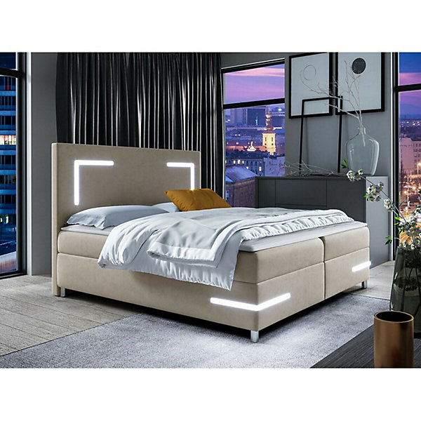 Lit continental Baltimore 173, Double, Brun clair, Tissu, Disponible