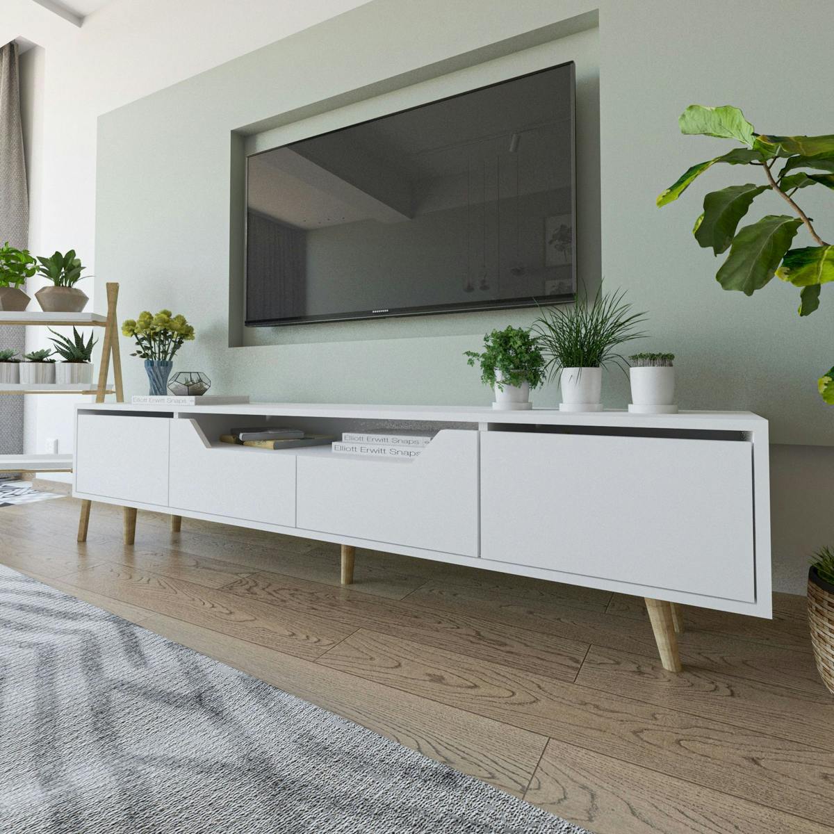Long meuble TV blanc moderne, 4 portes 180 cm MARFA