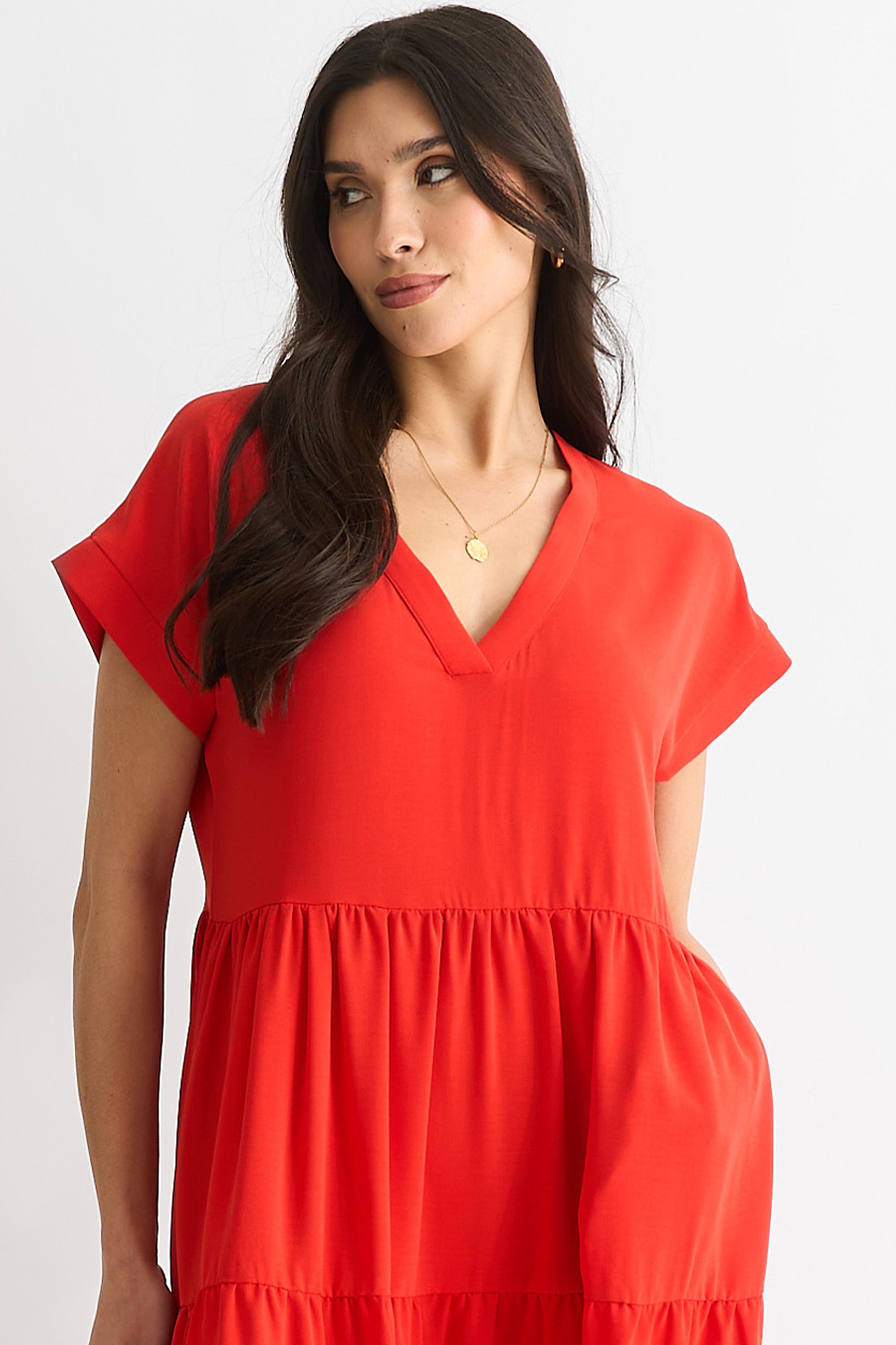 Gini London Red V Neck Pocket Smock Midi Dress