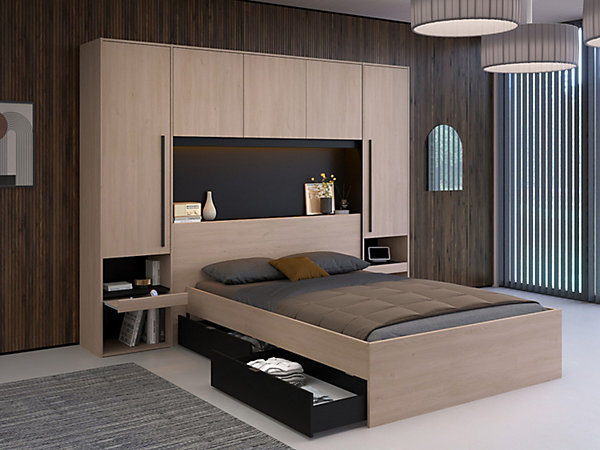 Lit pont 140 x 190 cm avec rangements - Avec LEDs - Coloris : Naturel et noir   Sommier   Matelas - VELONA