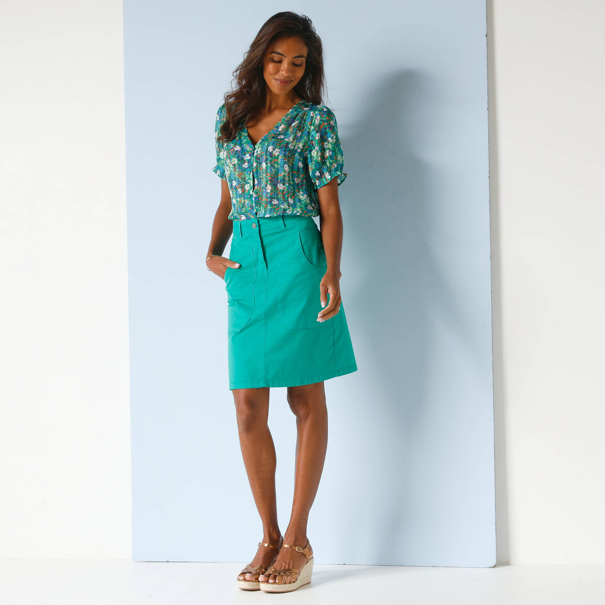 Chemisier boutonné manches blousantes imprimé, voile jacquard