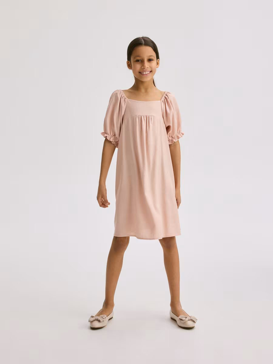 Linen Blend Dress With Puff Sleeves