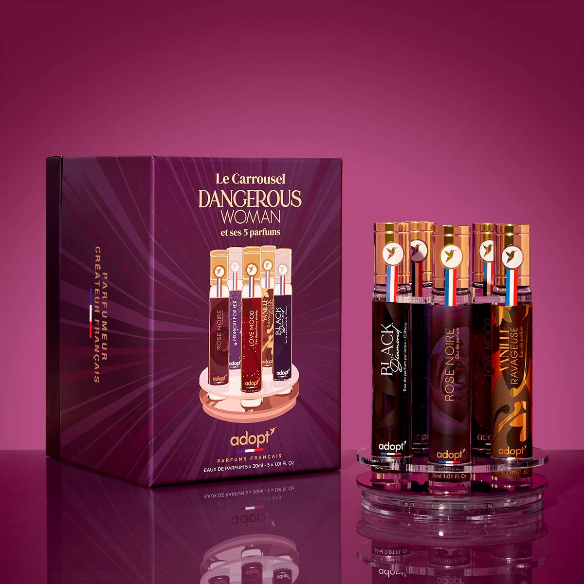 Dangerous WomanCoffret carrousel 5 eaux de parfums Rose Noire 30ml   Black Diamond 30ml   Vanille Ravageuse 30ml   Midnight For Her 30ml   Love Mood 30 ml
