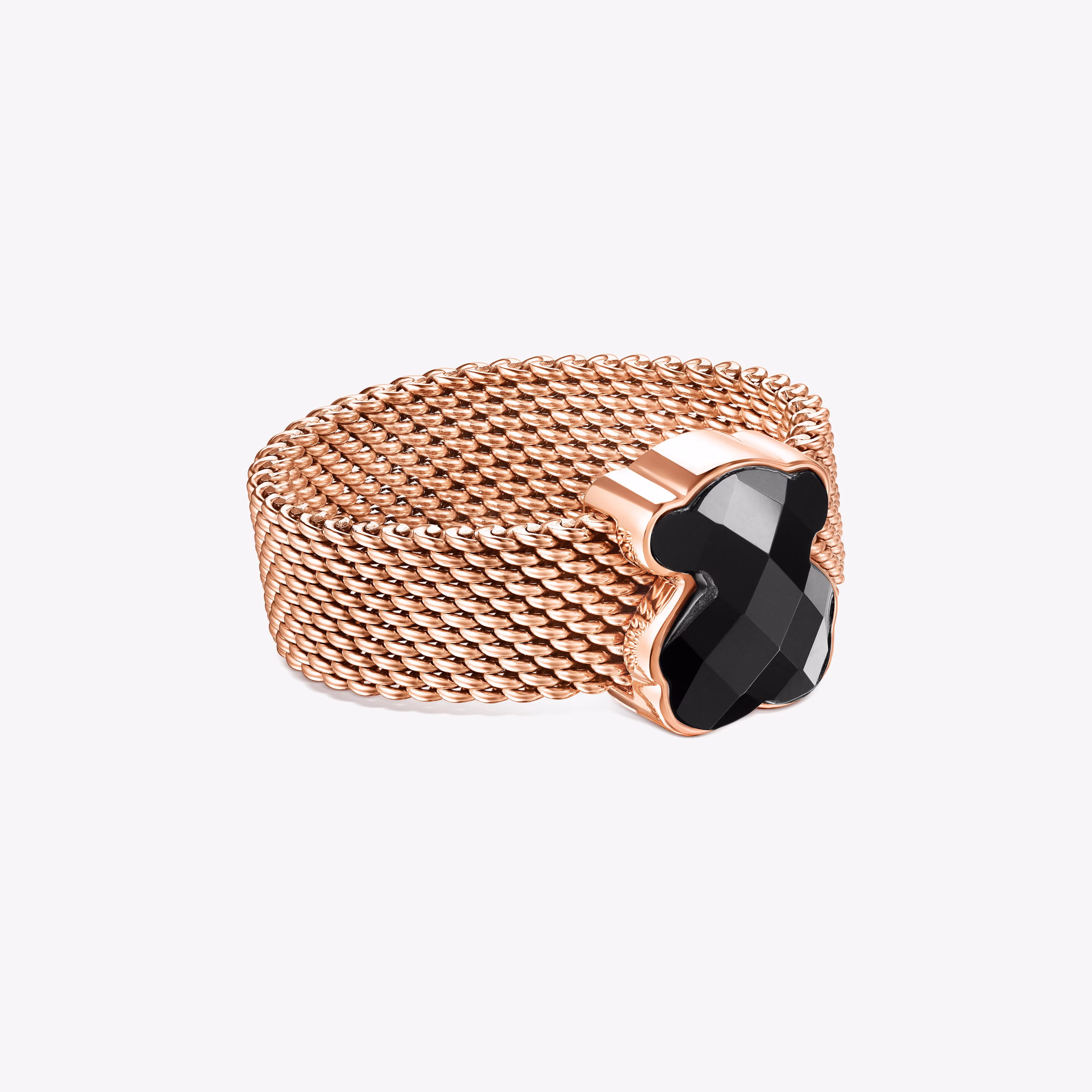 Anillo de acero IP rosado y ónix facetado motivo oso Mesh Color