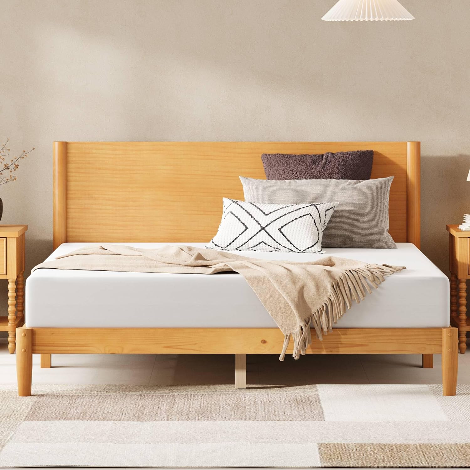AMERLIFE Solid Wood Queen Bed Frame, Mid Century Modern Platform Bed with Full Panel Headboard, Wooden Bed with Cylindrical Legs, No Box Spring Needed & Noise-Free, Natural Wood