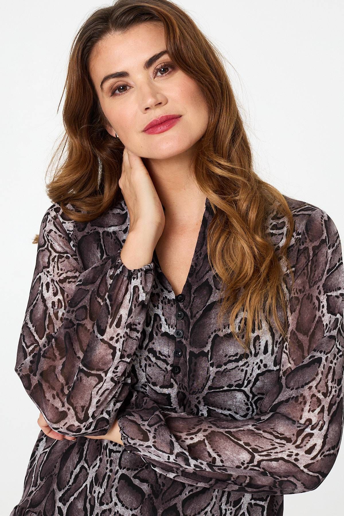 Izabel London Printed Long Sleeve Frilled Tunic Shirt