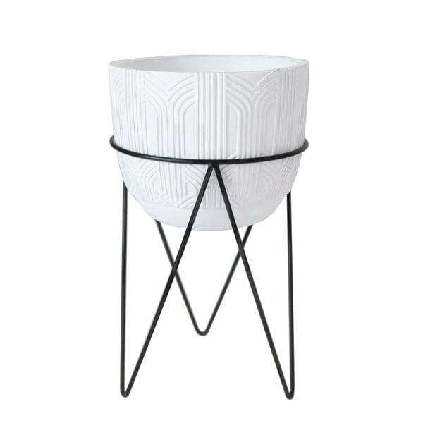 12.5" H White Patterened Cement Plant Pot in Metal Stand