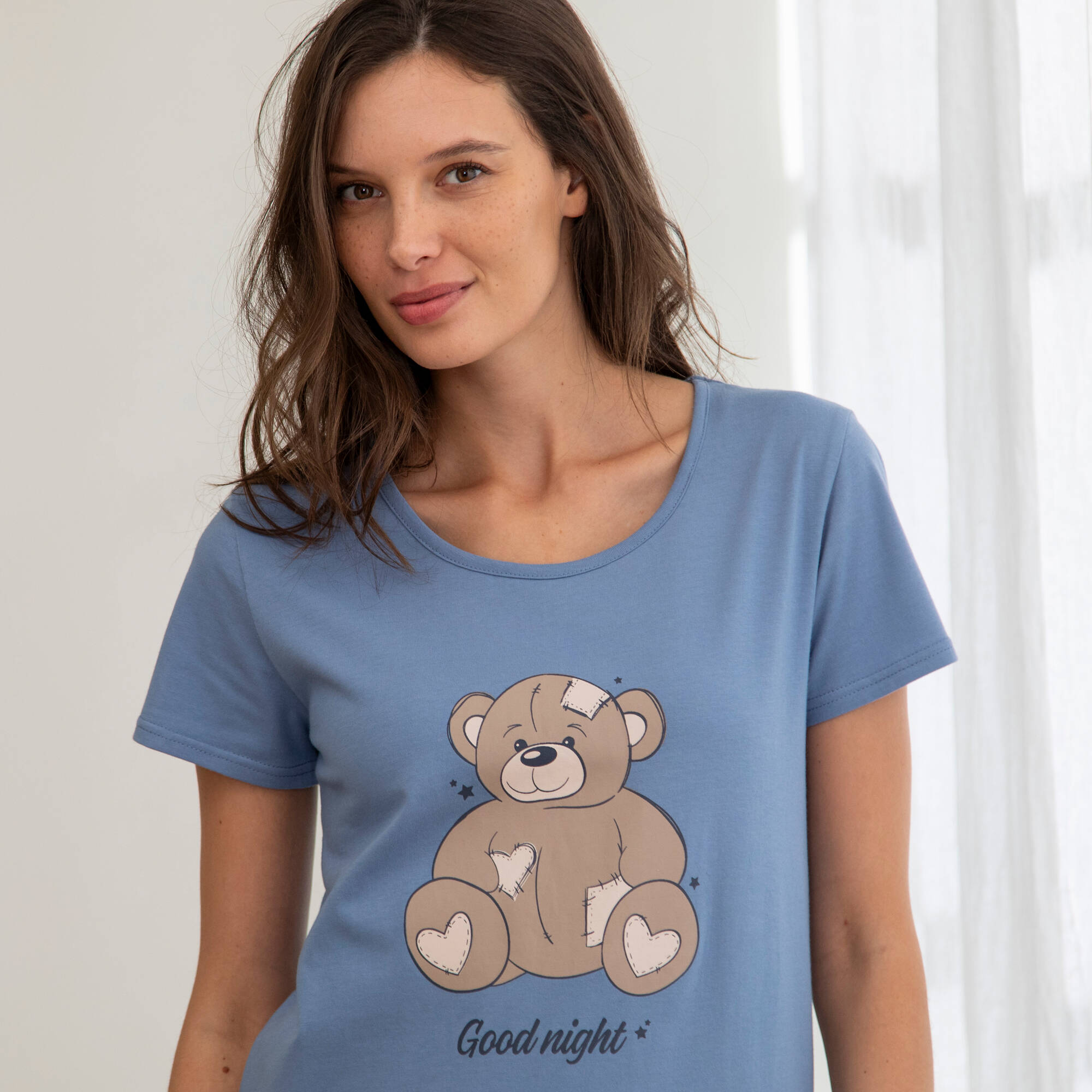 Chemise de nuit longue motif placé ourson manches courtes