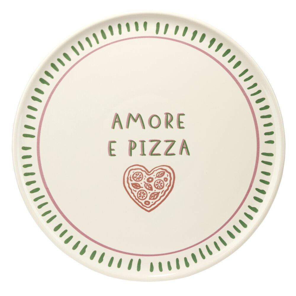 Assiette à pizza inscription Amore e Pizza beige contour traits verts Ø32cm