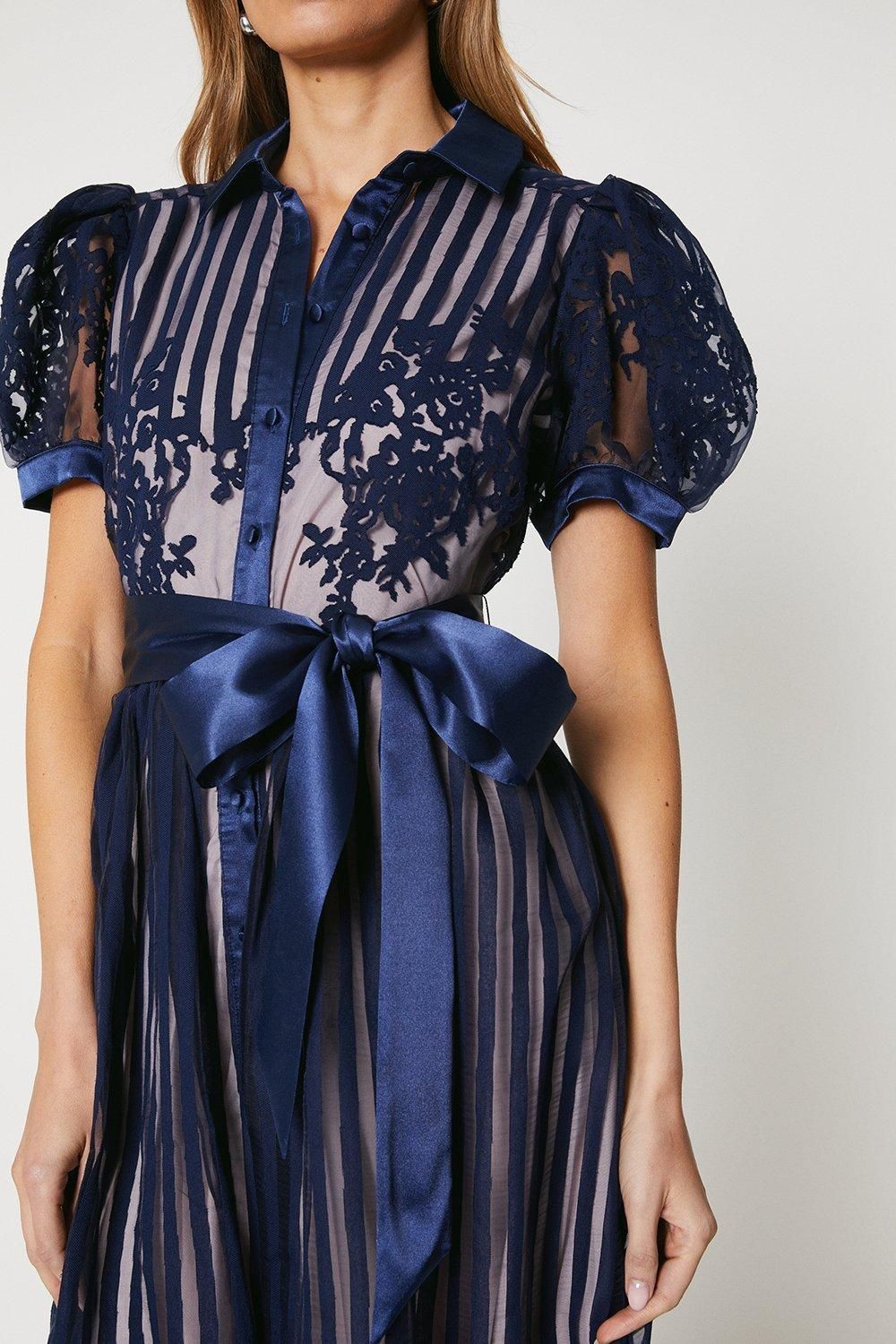 Coast Placement Stripe Organza Puff Sleeve Shirt Dress