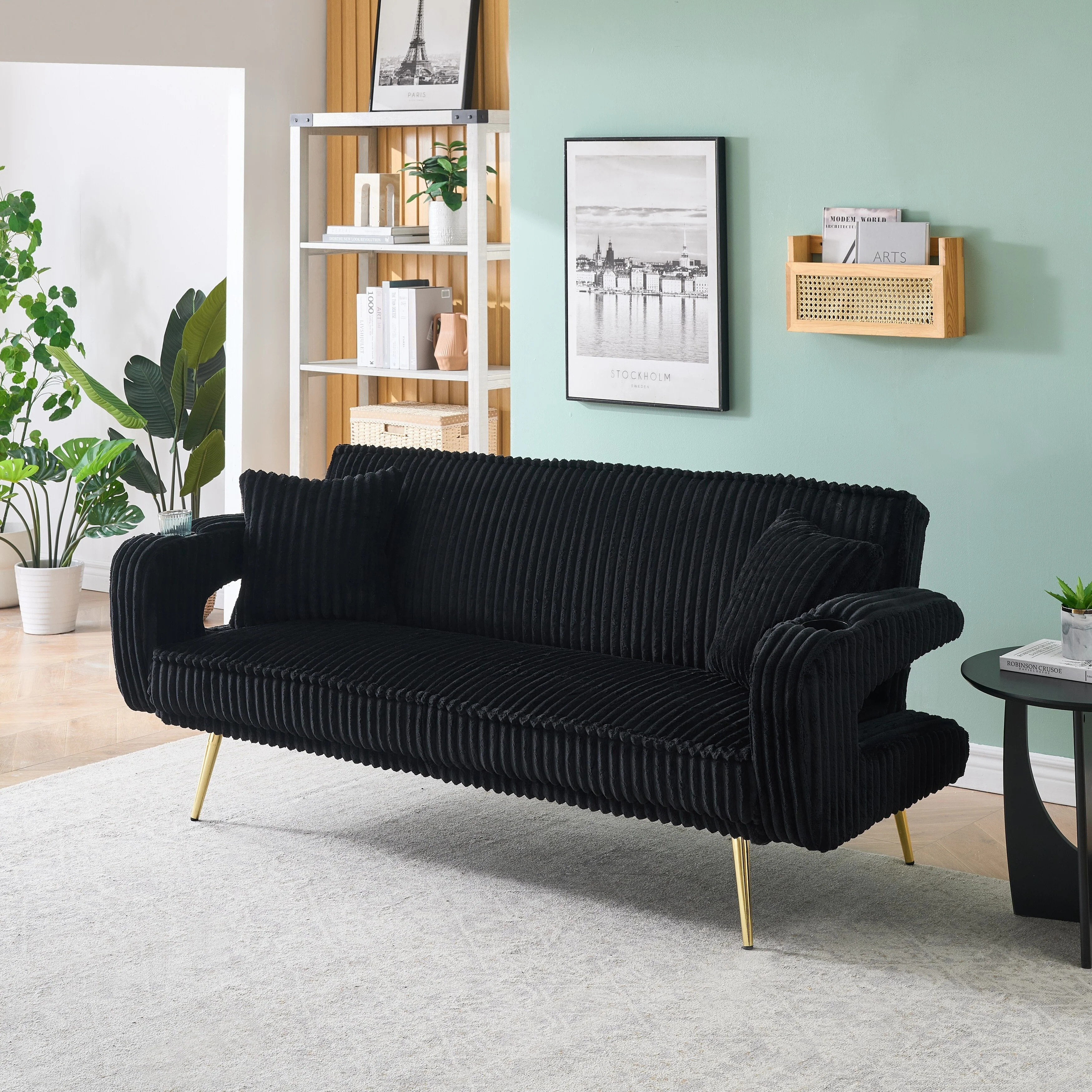 Straight-Row Corduroy Sofa With Throw Pillows, Featuring A Minimalist Style