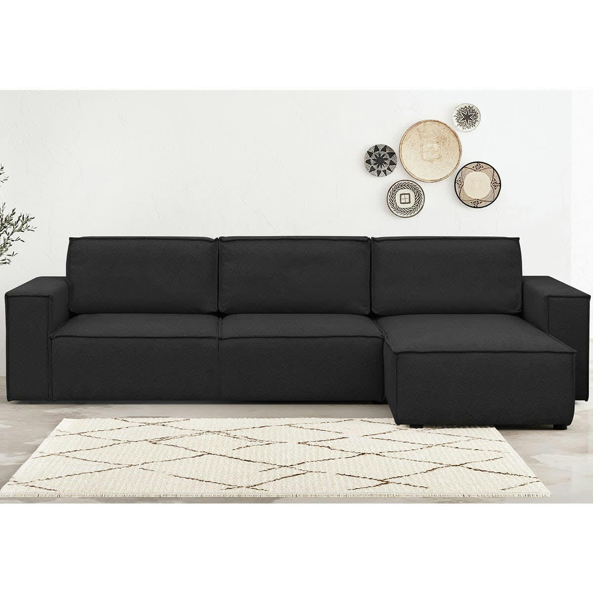 HARPER NEW - Canapé d'angle 5 places convertible + coffre, tissu noir